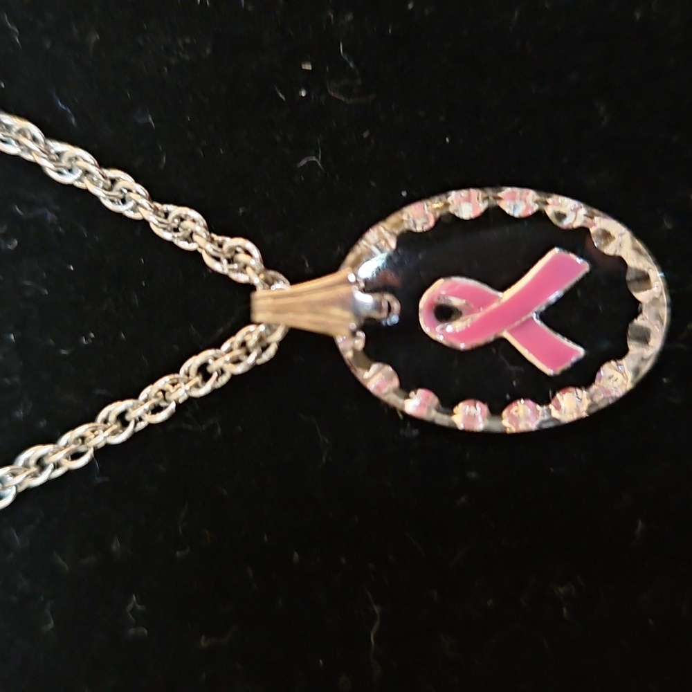 Breast Cancer Awareness Pink Ribbon Crystal Necklace On Silvertone Chain NWOT